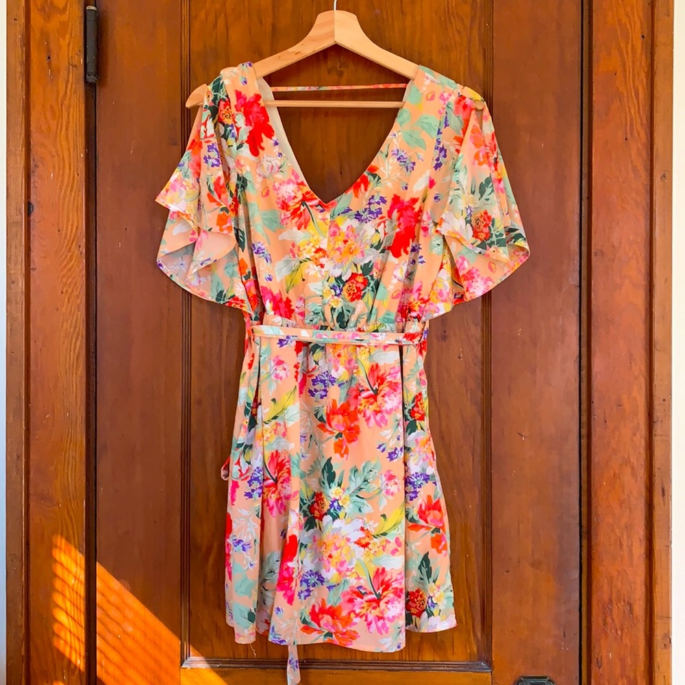 Peachy Floral Mini Dress with Cold Shoulders